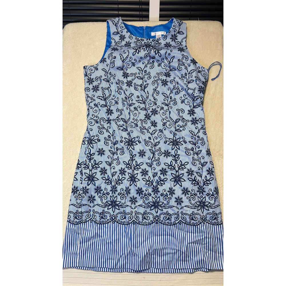 London Times Sheath Dress Womens 10 Blue Striped Floral Embroidered Sleeveless